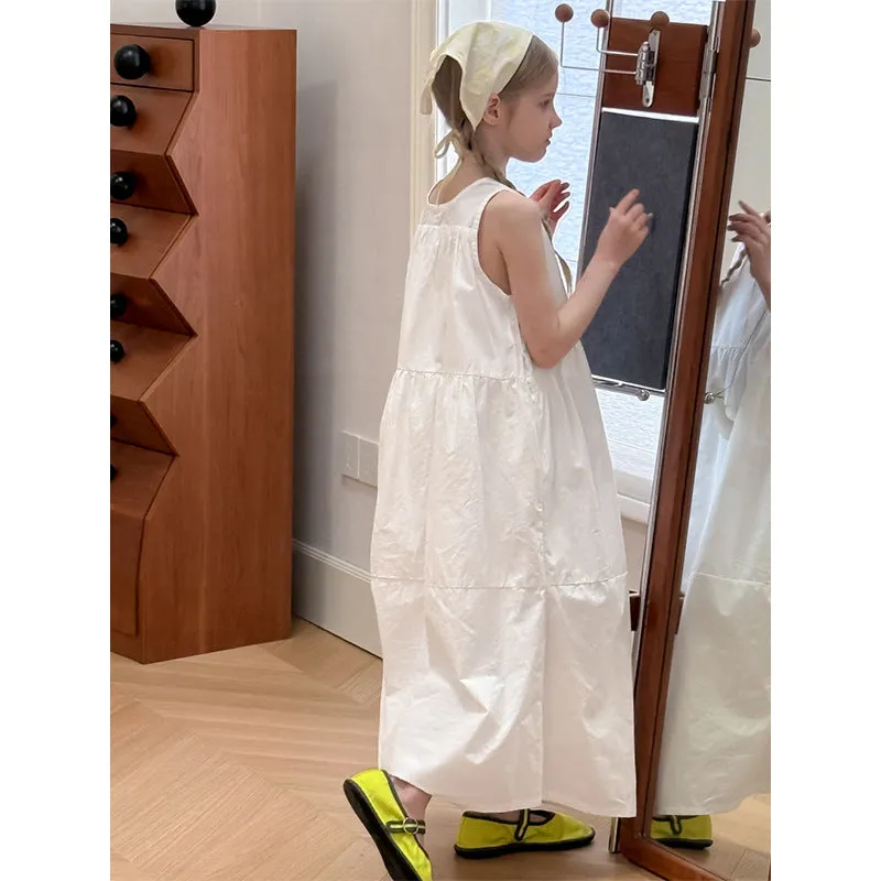 New girls white suspender French dress made of cotton with dot pattern for summer