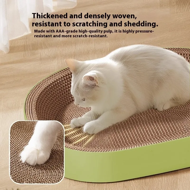 Green oval corrugated paper cat scratch board and nest measuring 55 cm in diameter
