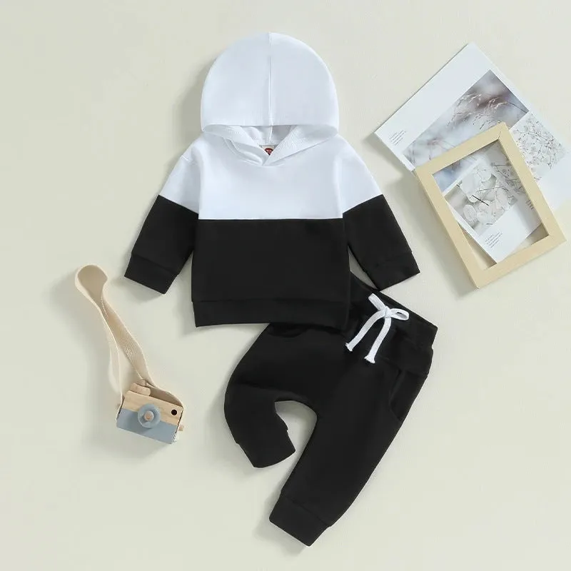 Children's hoodie and tracksuit set in black with cartoon pattern, polyester pullover and trousers for 70-110cm height