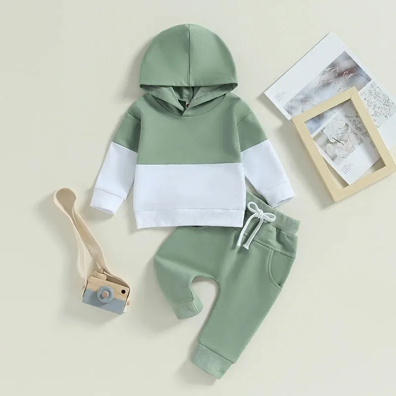 Children's hoodie and tracksuit set in black with cartoon pattern, polyester pullover and trousers for 70-110cm height