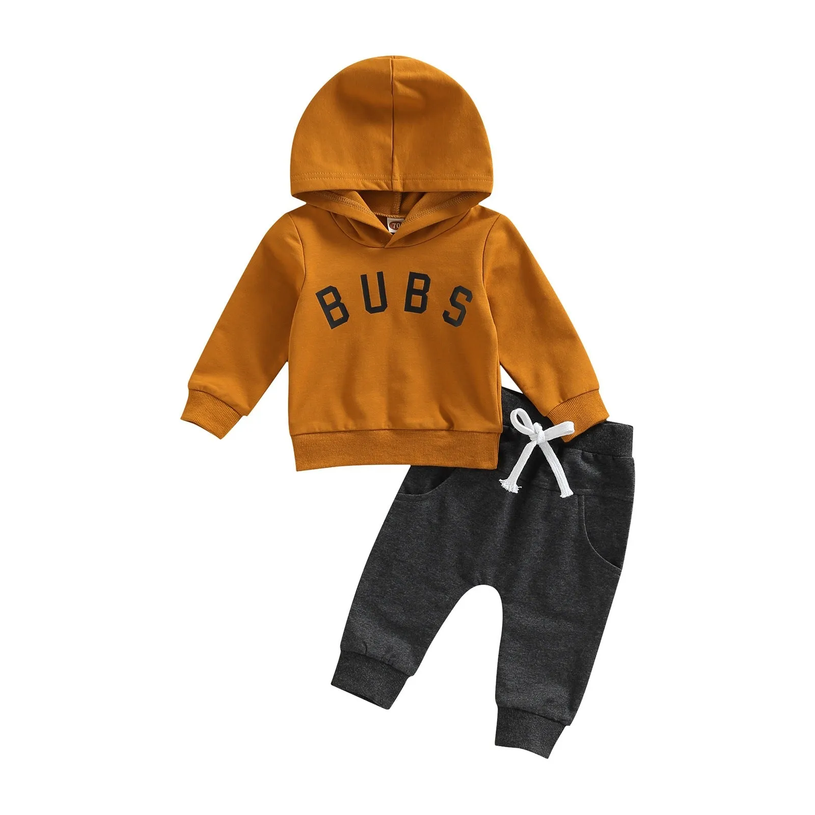 Boys' cotton letter printed hoodie trousers suit in dark brown, long sleeves, suitable for heights 70-110cm