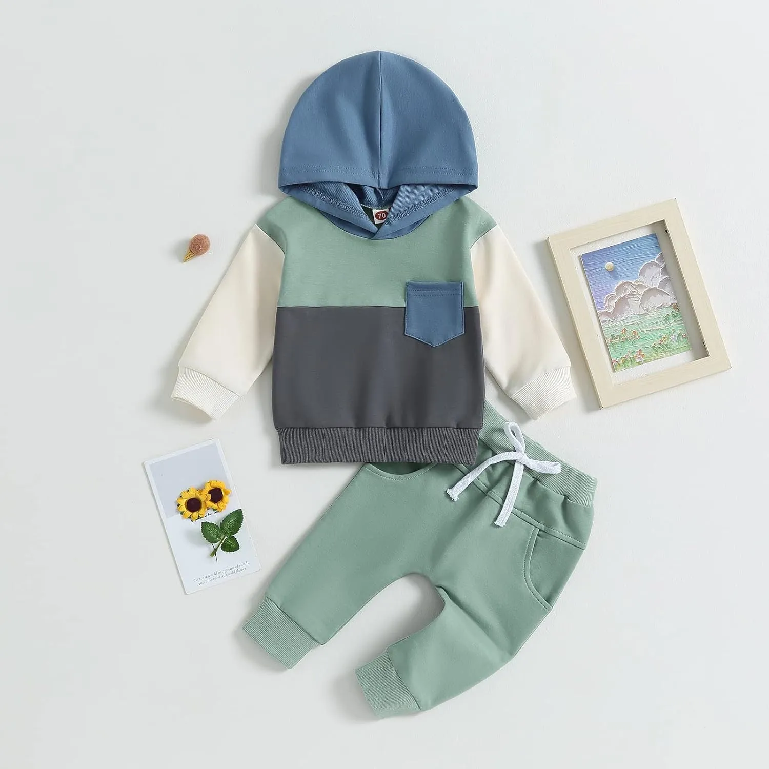 Children's hooded sweater set with patchwork pockets in green and black casual two-piece tracksuit for boys and girls