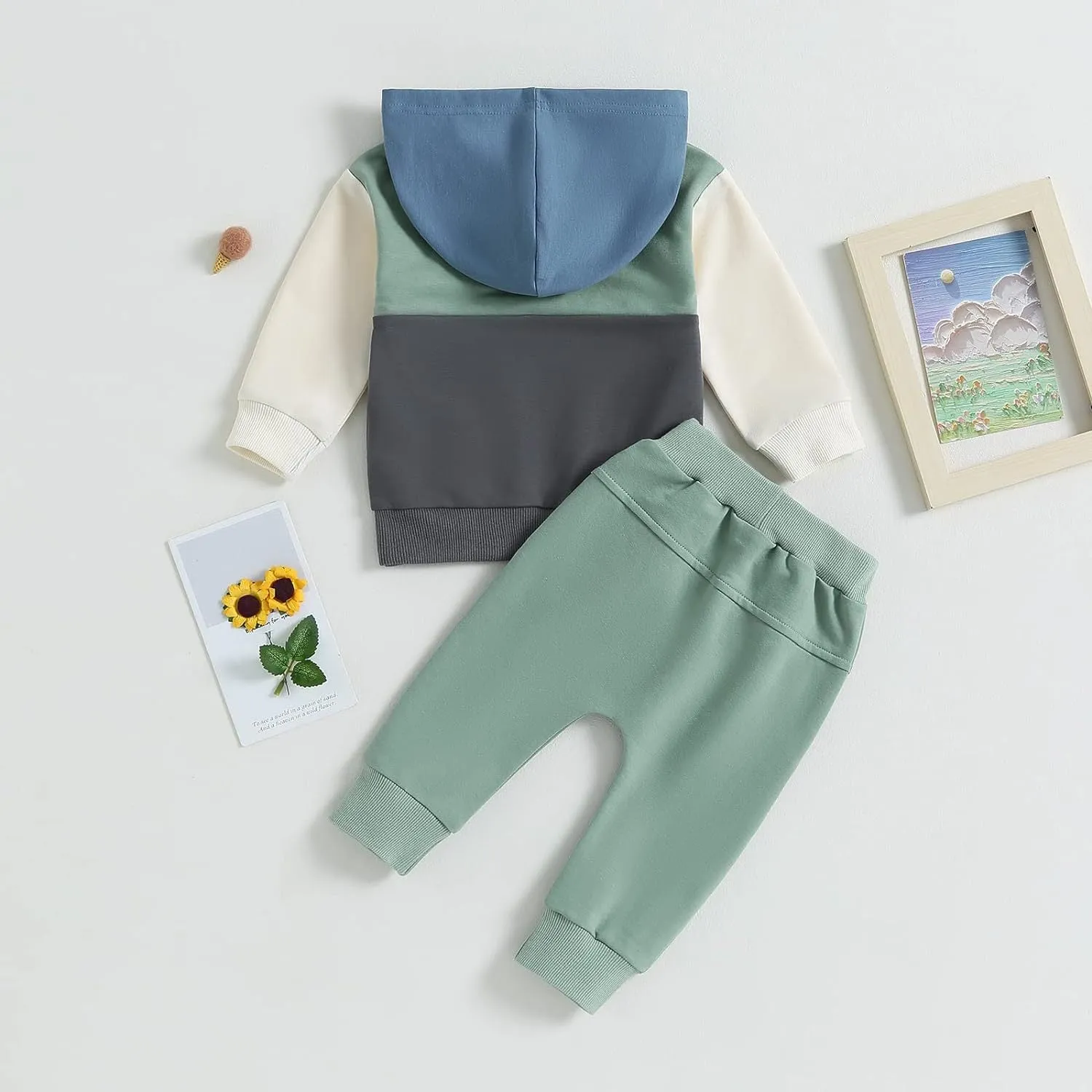 Children's hooded sweater set with patchwork pockets in green and black casual two-piece tracksuit for boys and girls