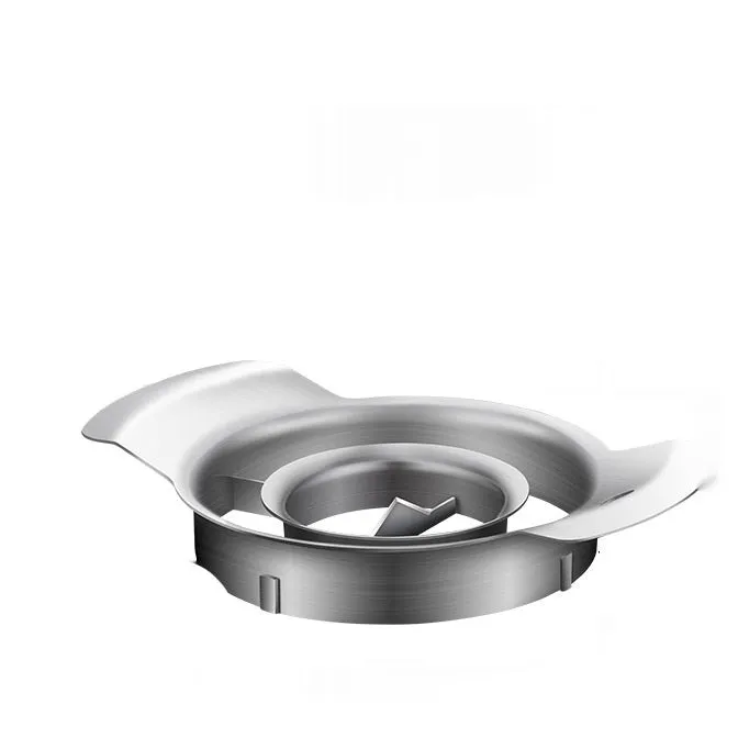 Stainless steel pomegranate fruit opener tool with optional bowl and wooden hammer on a kitchen counter.