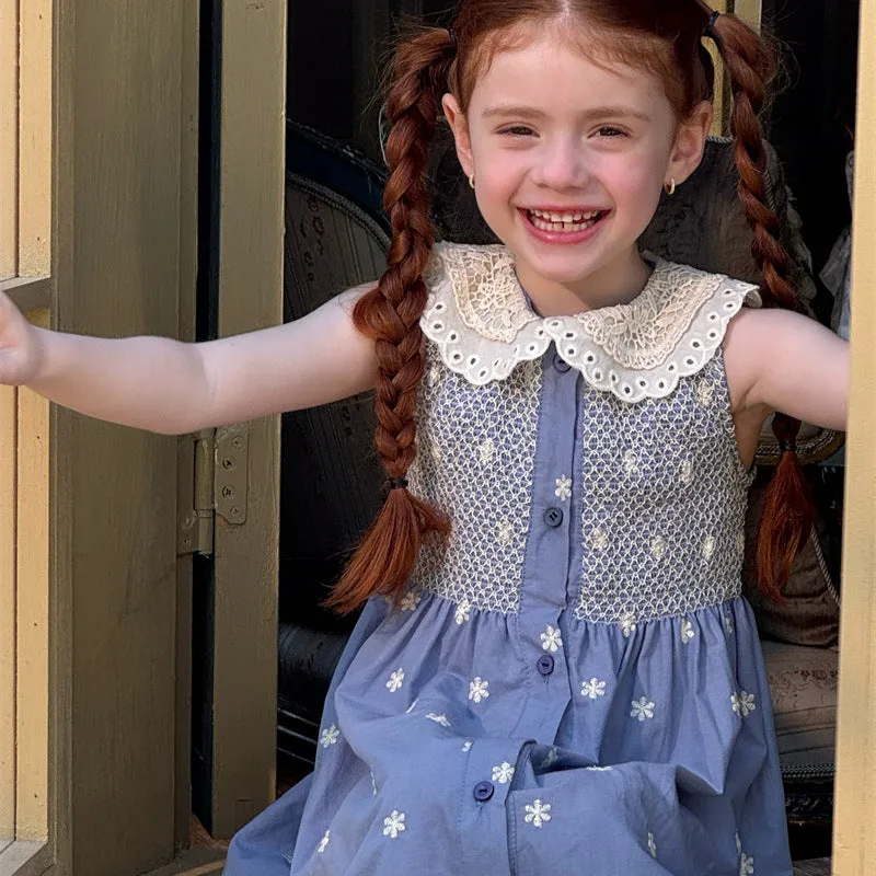 Smocked machine embroidery navy blue cotton sleeveless girls summer dress