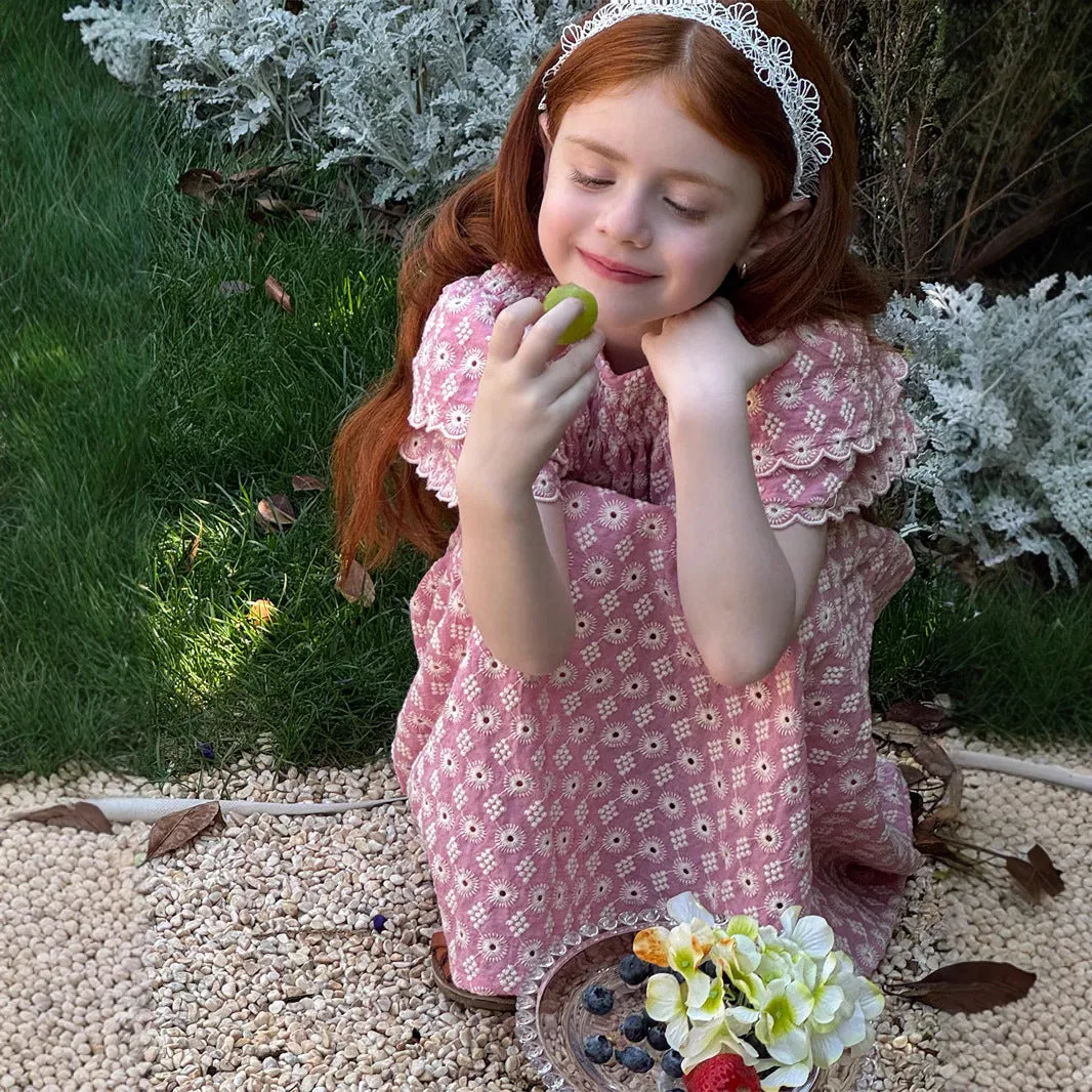 Pink girls' embroidered vintage cotton dress with floral pattern and lace flounced sleeves