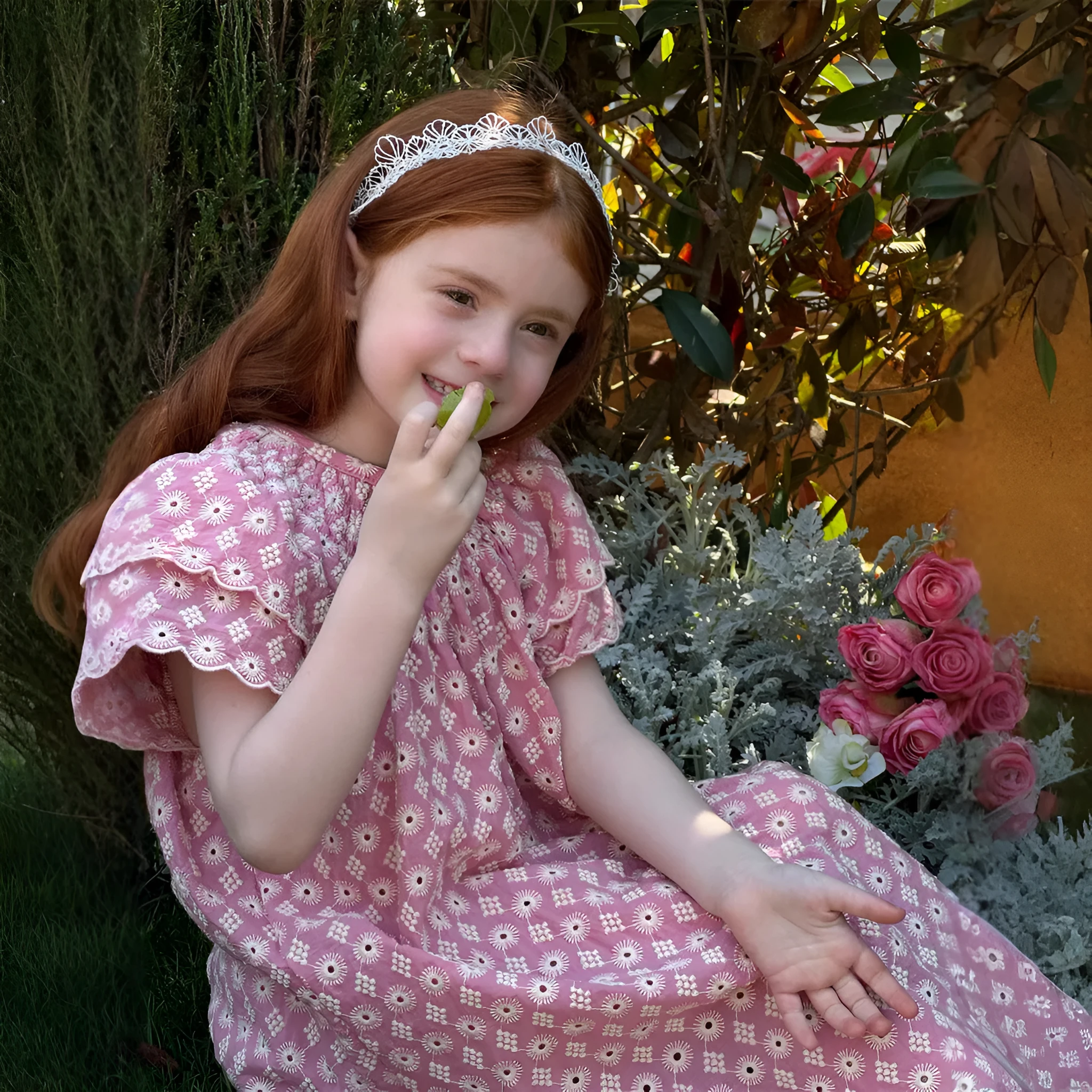 Pink girls' embroidered vintage cotton dress with floral pattern and lace flounced sleeves