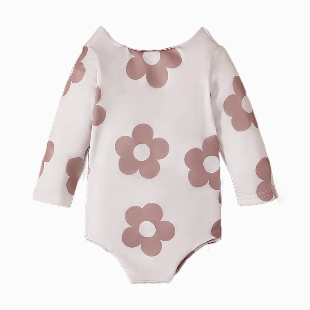 Girls' white long sleeve swimsuit with small flower pattern, triangle romper style, polyester blend