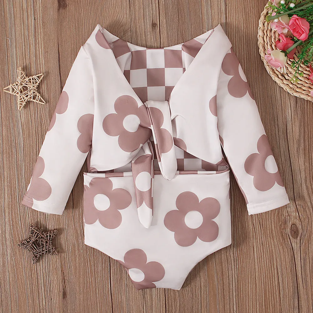 Girls' white long sleeve swimsuit with small flower pattern, triangle romper style, polyester blend