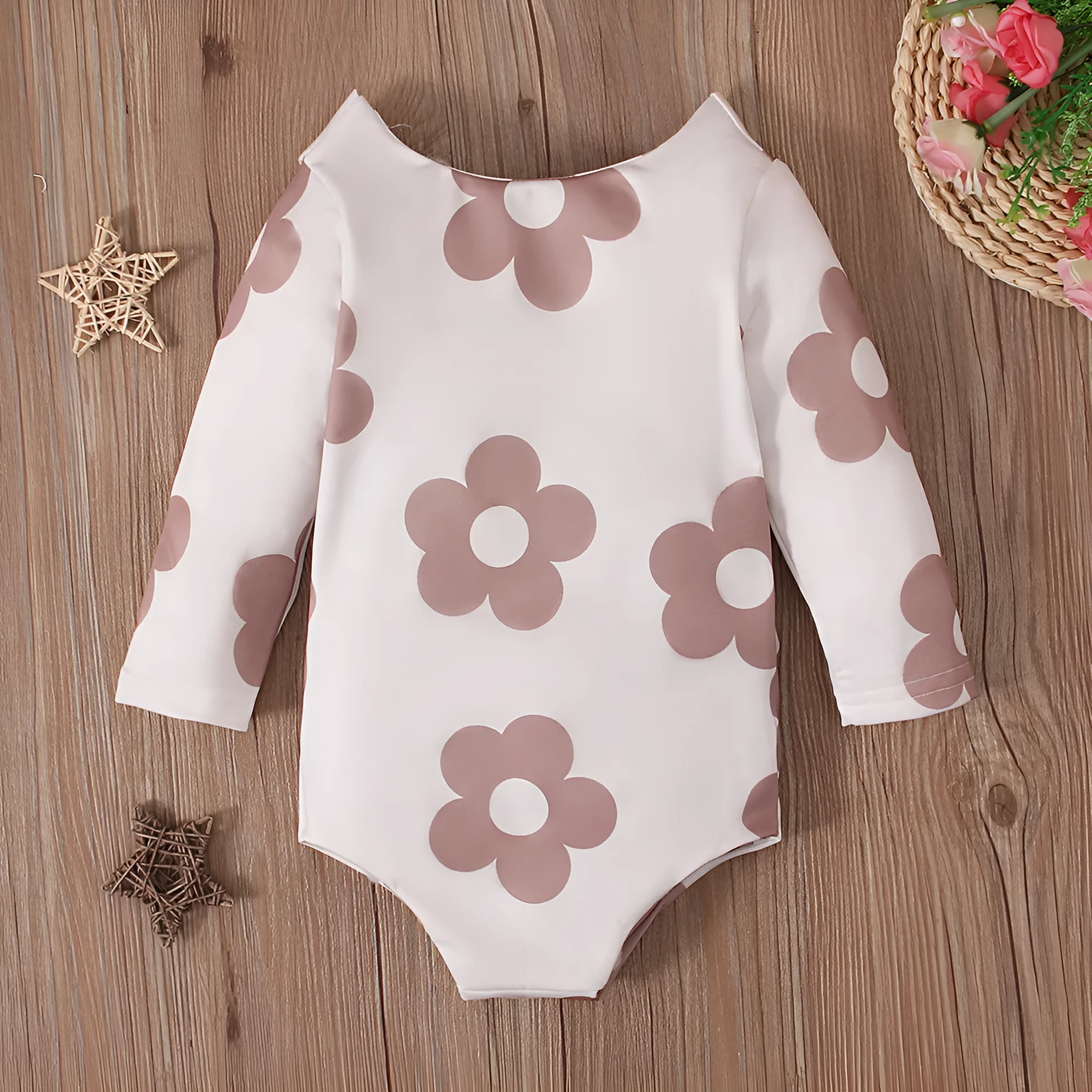 Girls' white long sleeve swimsuit with small flower pattern, triangle romper style, polyester blend