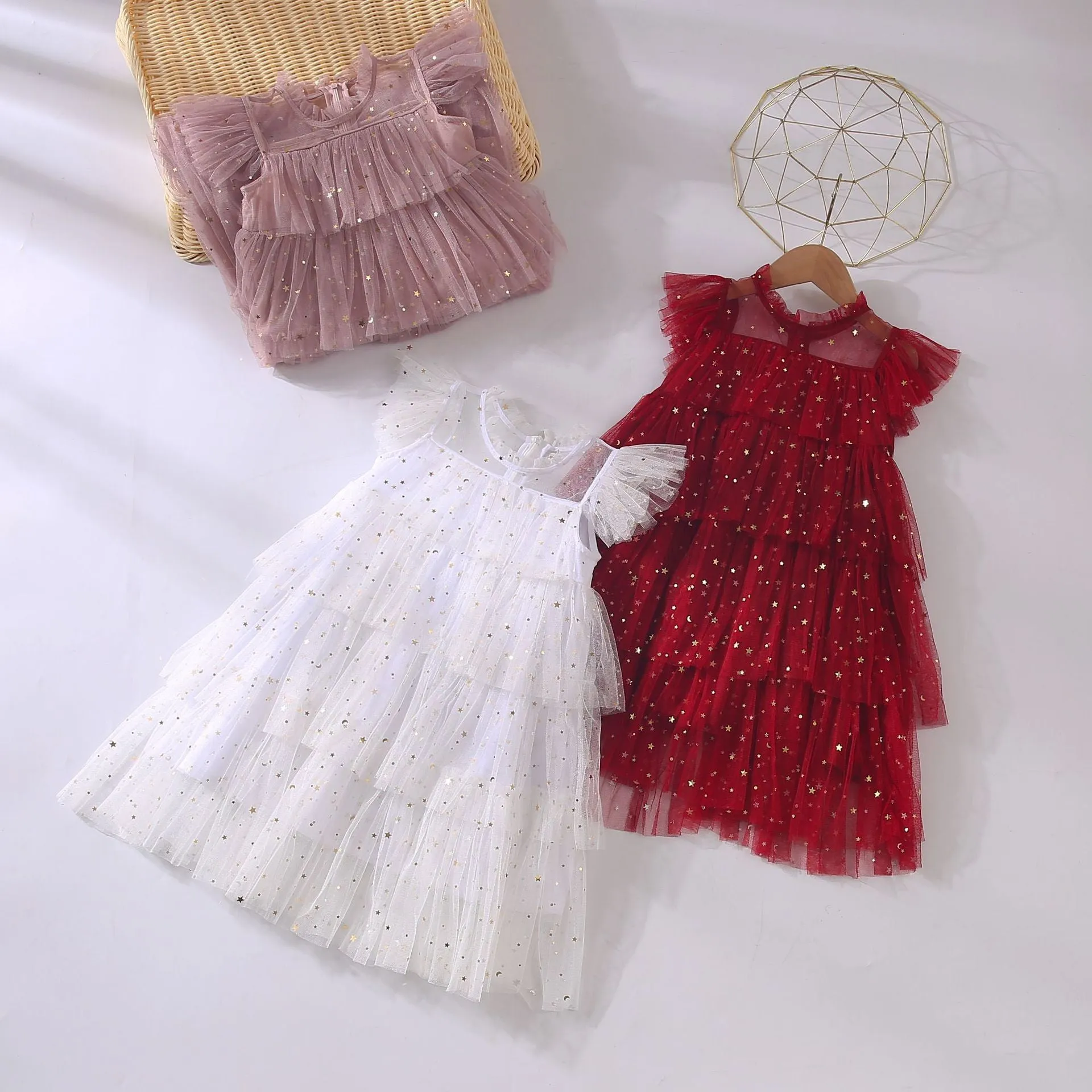 Girls' star sequin sleeveless party dress with cotton lining, available in multiple colours for heights 80-160cm