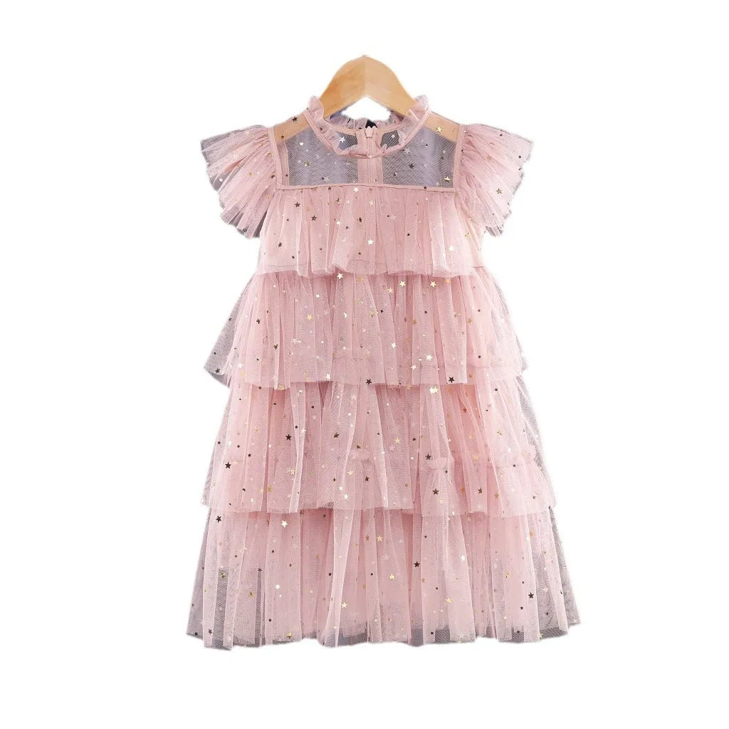 Girls' star sequin sleeveless party dress with cotton lining, available in multiple colours for heights 80-160cm