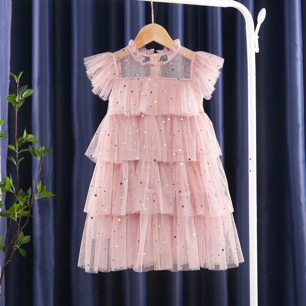 Girls' star sequin sleeveless party dress with cotton lining, available in multiple colours for heights 80-160cm