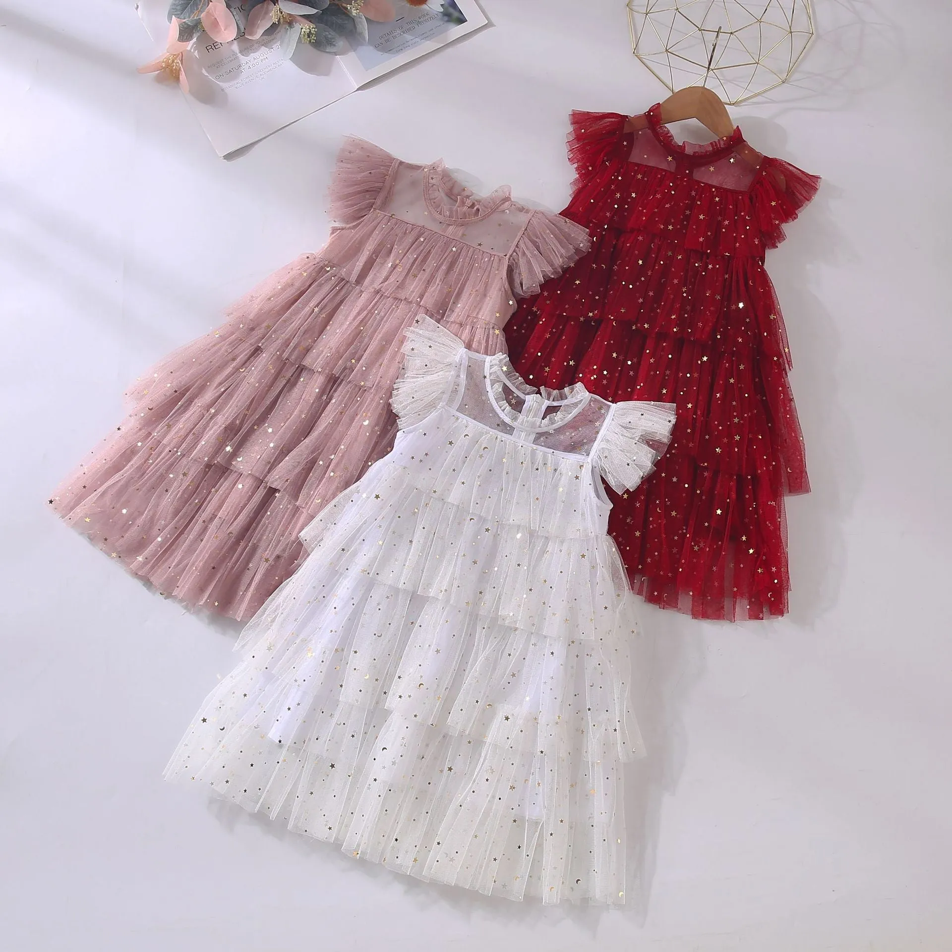 Girls' star sequin sleeveless party dress with cotton lining, available in multiple colours for heights 80-160cm