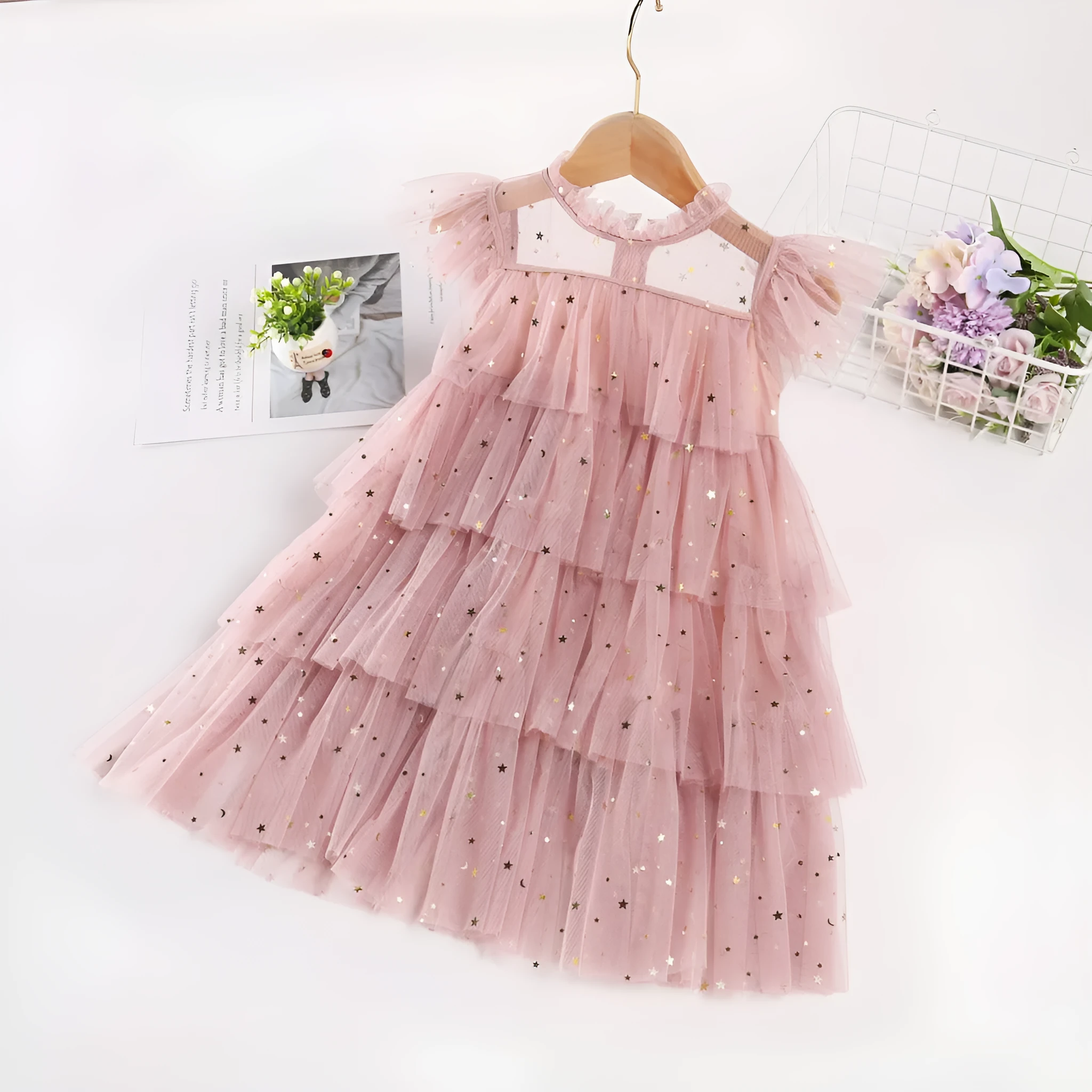 Girls' star sequin sleeveless party dress with cotton lining, available in multiple colours for heights 80-160cm