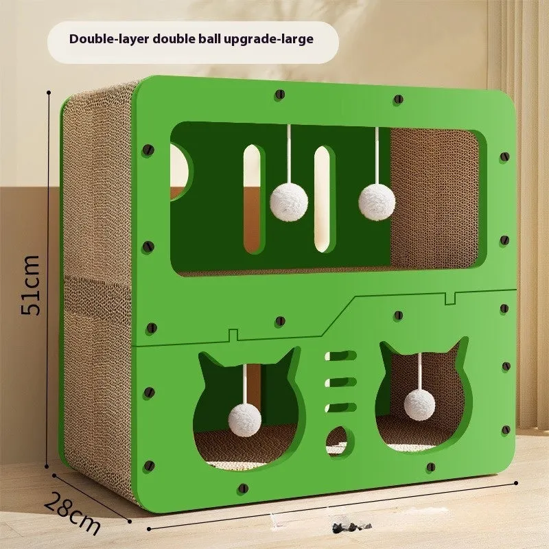 Double-layer cat scratching board with integrated cat nest in one of six available style variations