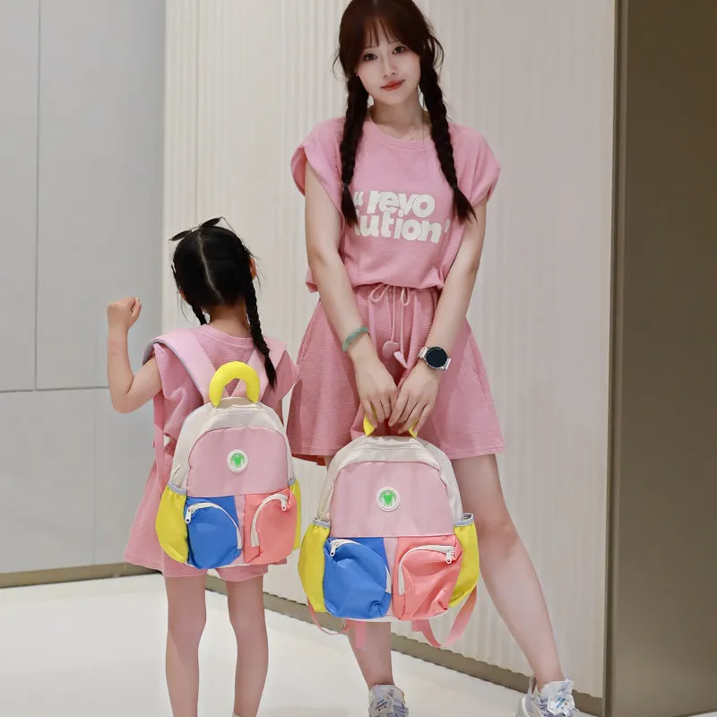 Children's trendy backpack in solid colour, lightweight Oxford cloth, blue pink yellow sizes small medium large