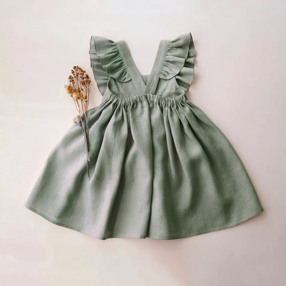 Baby girl's summer strap dress in green solid colour with A-line skirt and cotton lining
