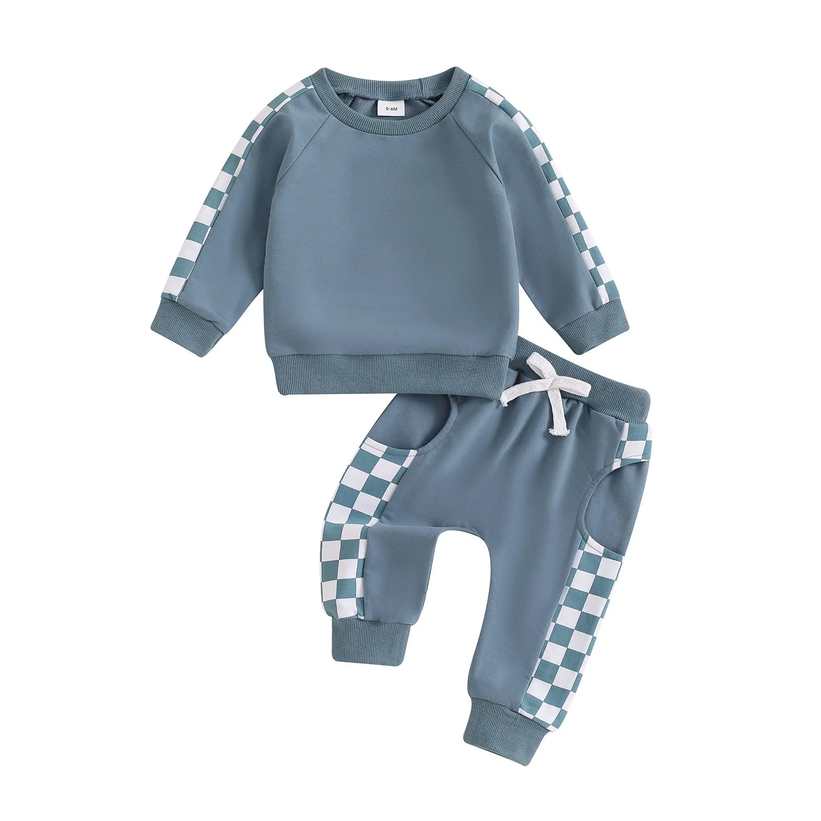 Checkerboard printed baby suit with letters in pink, blue, purple, black – two-piece top and pants set for toddlers