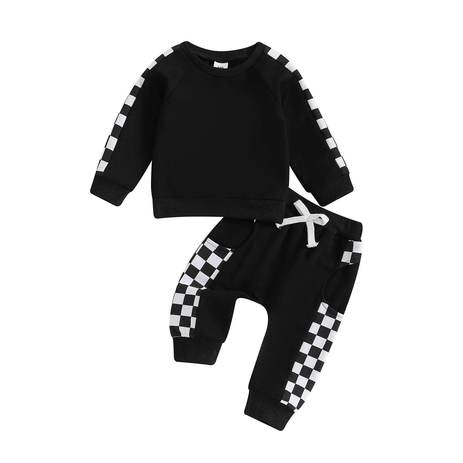 Checkerboard printed baby suit with letters in pink, blue, purple, black – two-piece top and pants set for toddlers