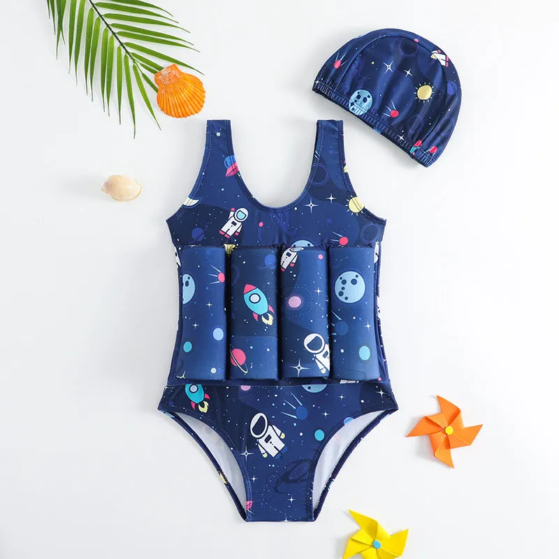 Children's buoyancy swimsuit boy's one-piece in Korean-style solid colour, nylon fabric, available in sizes M to XXL