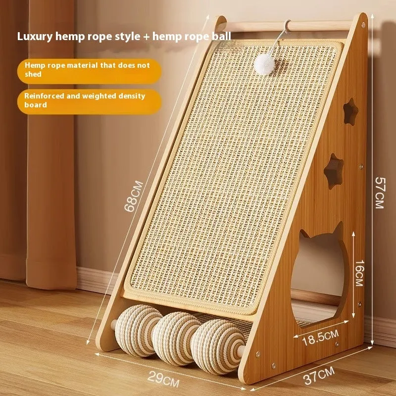 Vertical wall-mounted cat scratch board with sisal surface and hemp rope teasing ball