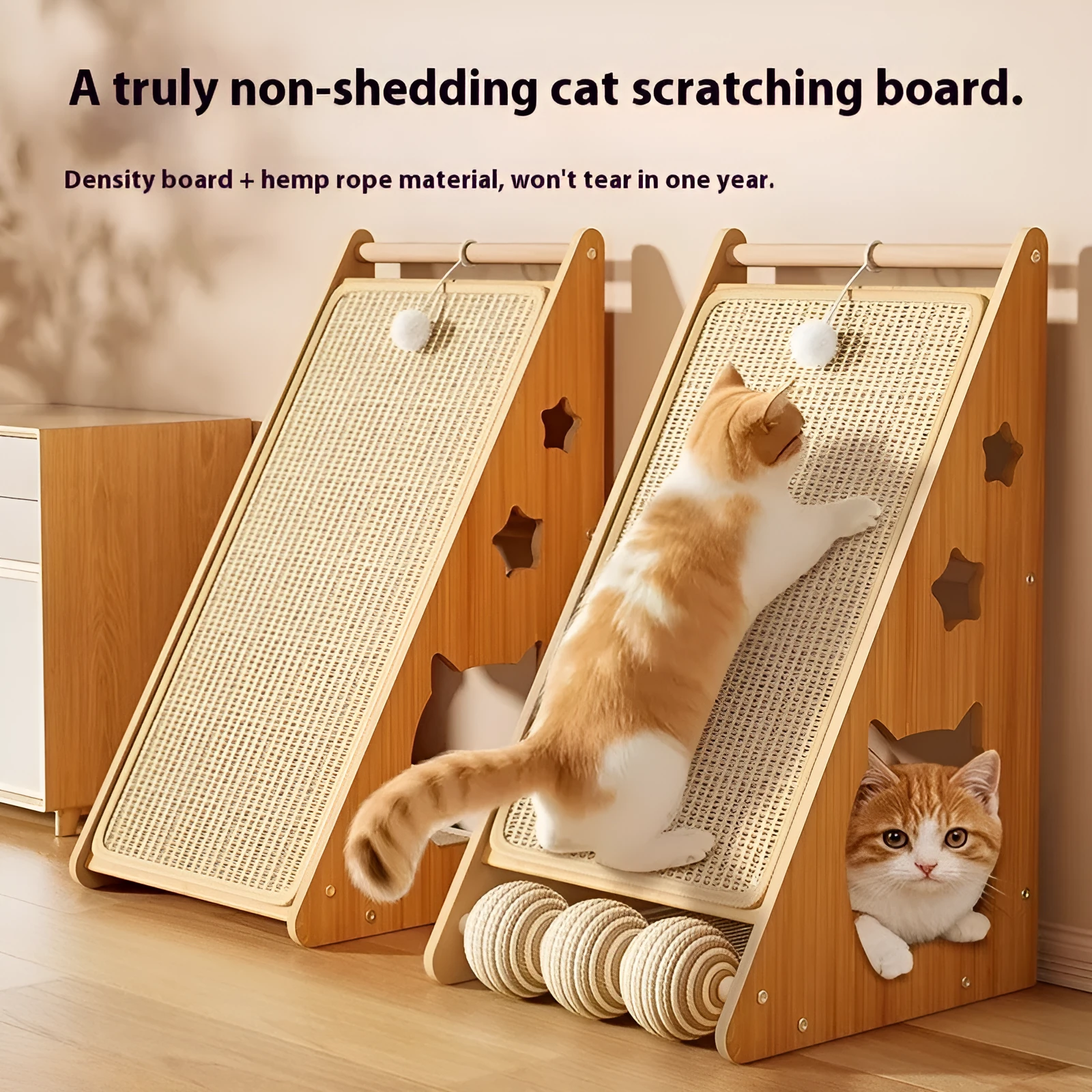Vertical wall-mounted cat scratch board with sisal surface and hemp rope teasing ball
