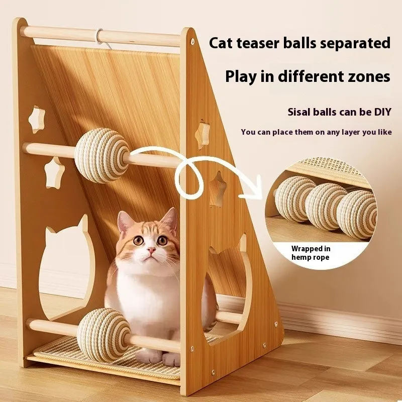Vertical wall-mounted cat scratch board with sisal surface and hemp rope teasing ball