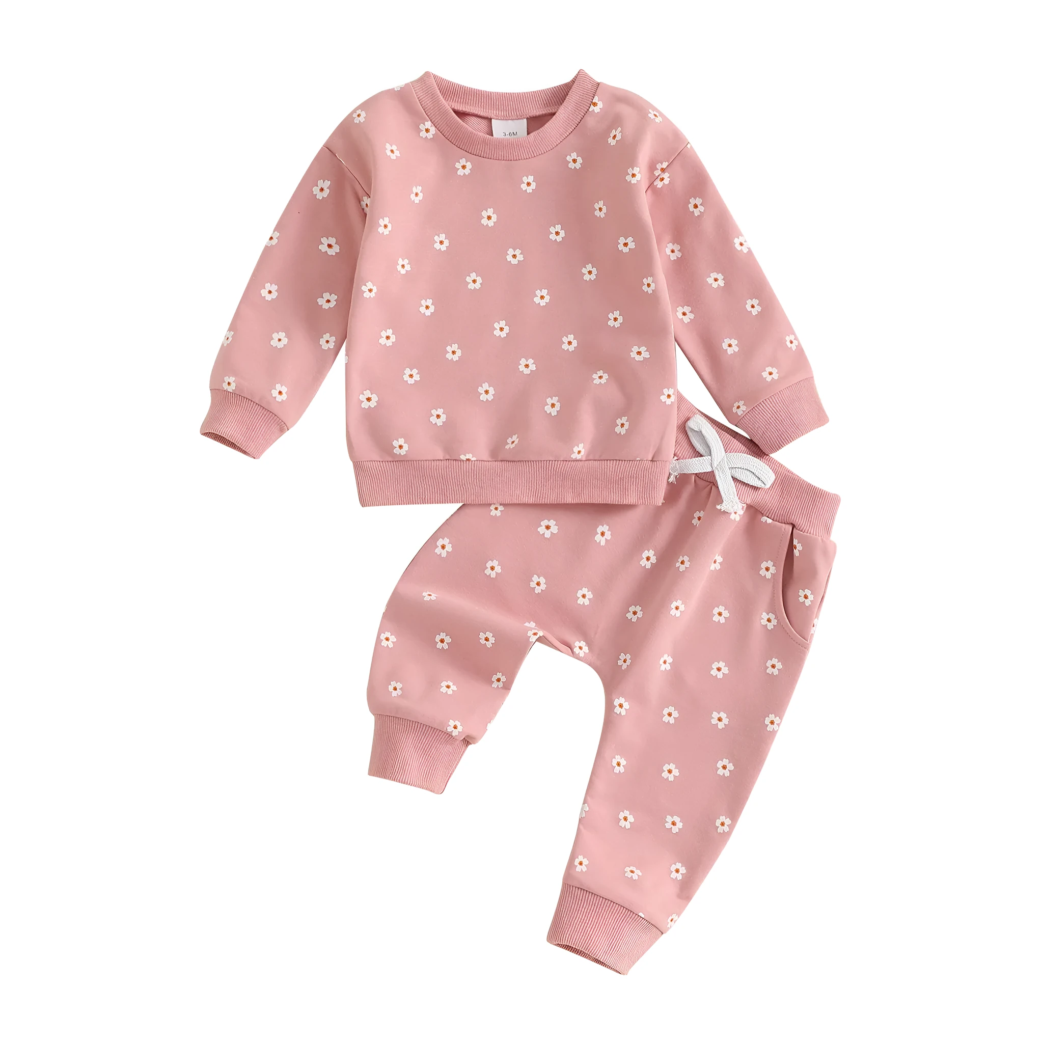 Pink or light green cotton long sleeve top and trousers baby suit printed design pullover style 0-24 months