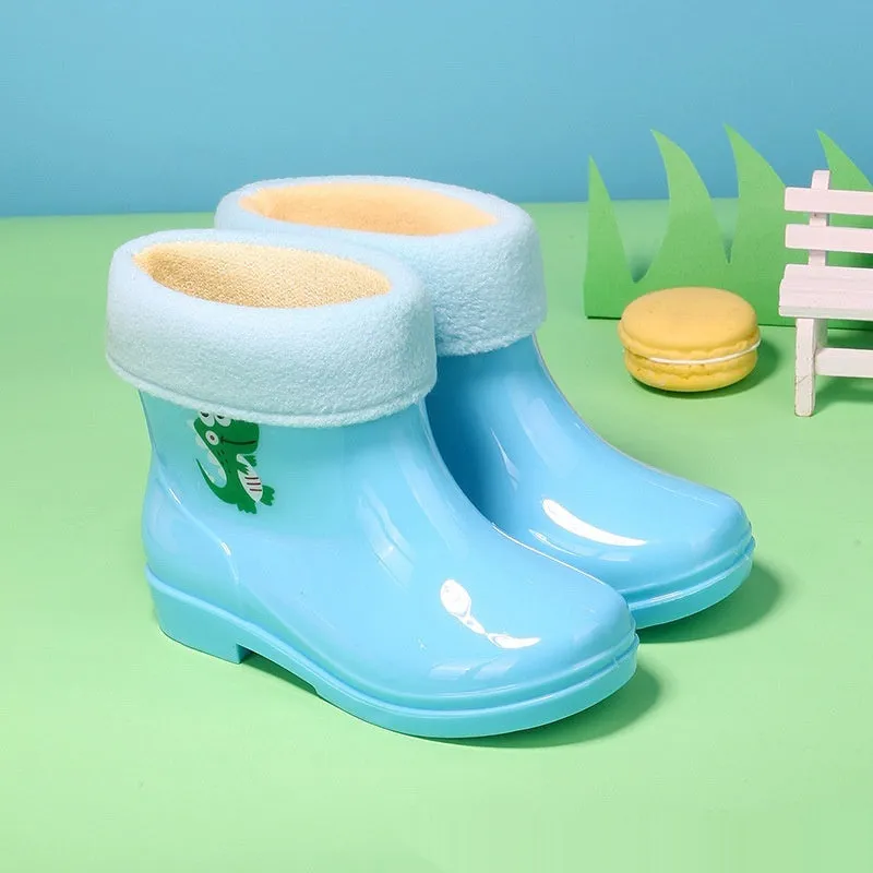 Children's non-slip rain boots in solid colour, plastic upper, mid-calf height, sizes 22-31 yards