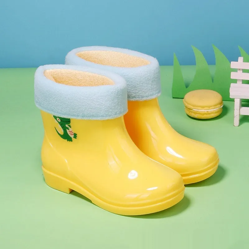 Children's non-slip rain boots in solid colour, plastic upper, mid-calf height, sizes 22-31 yards