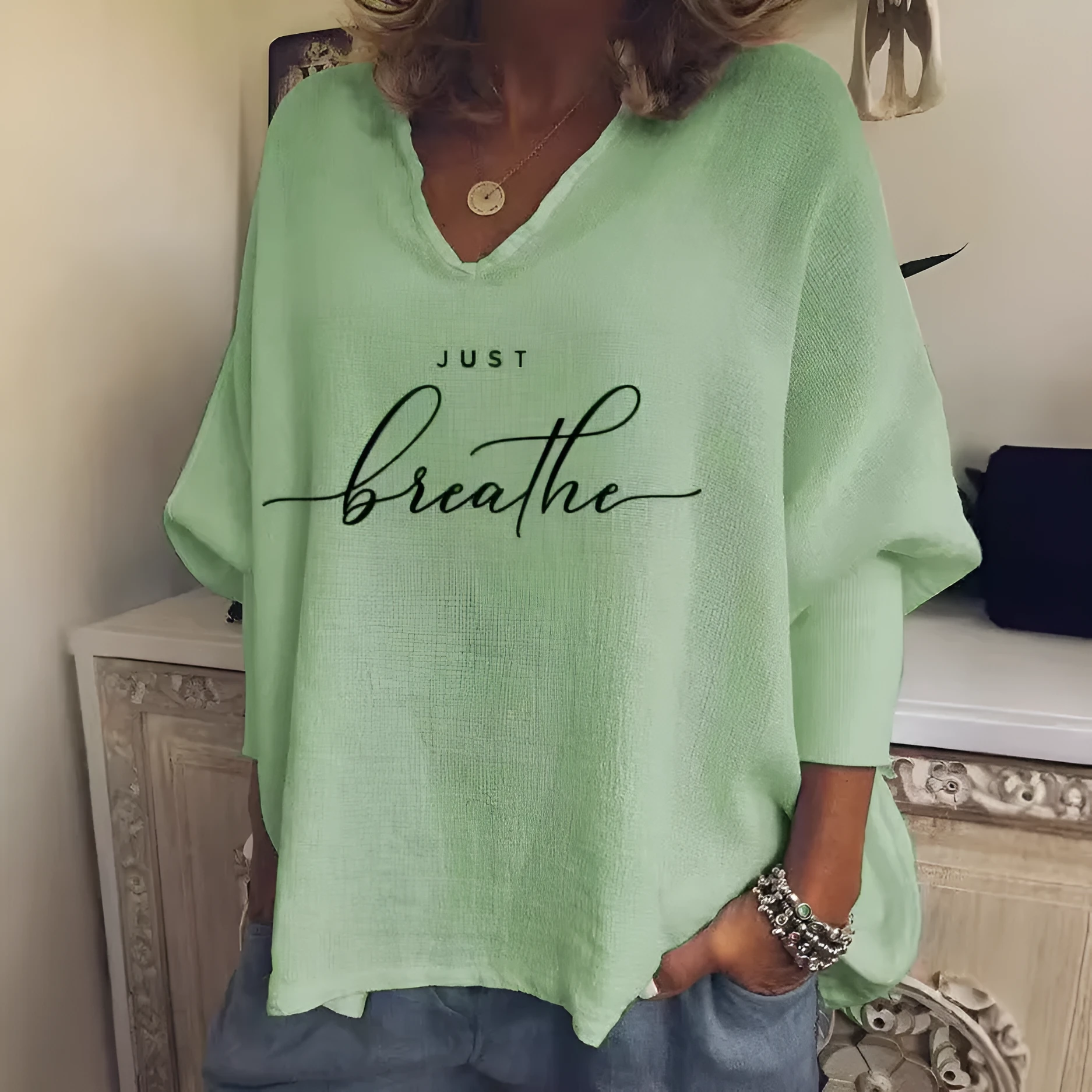 Women's V-neck long sleeve loose top in brushed milk silk fabric with digital printed pattern
