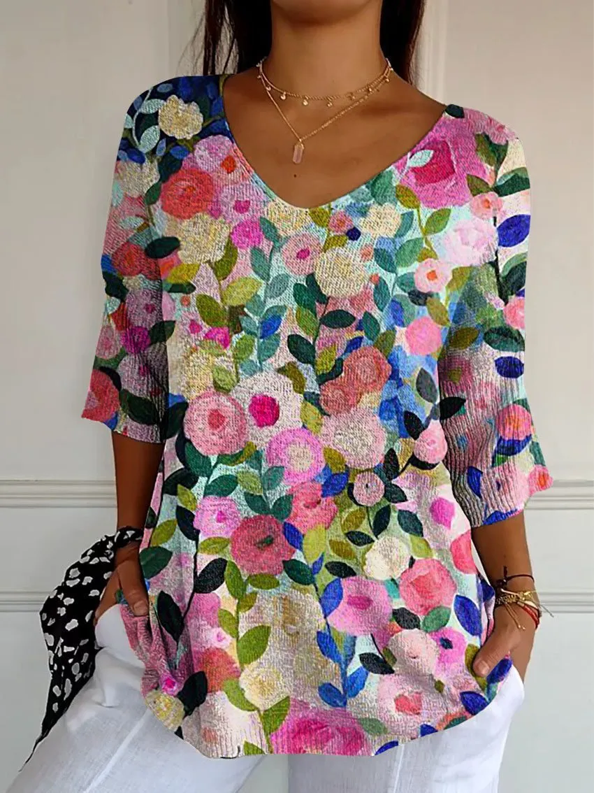 Women's V-neck long sleeve loose top in brushed milk silk fabric with digital printed pattern