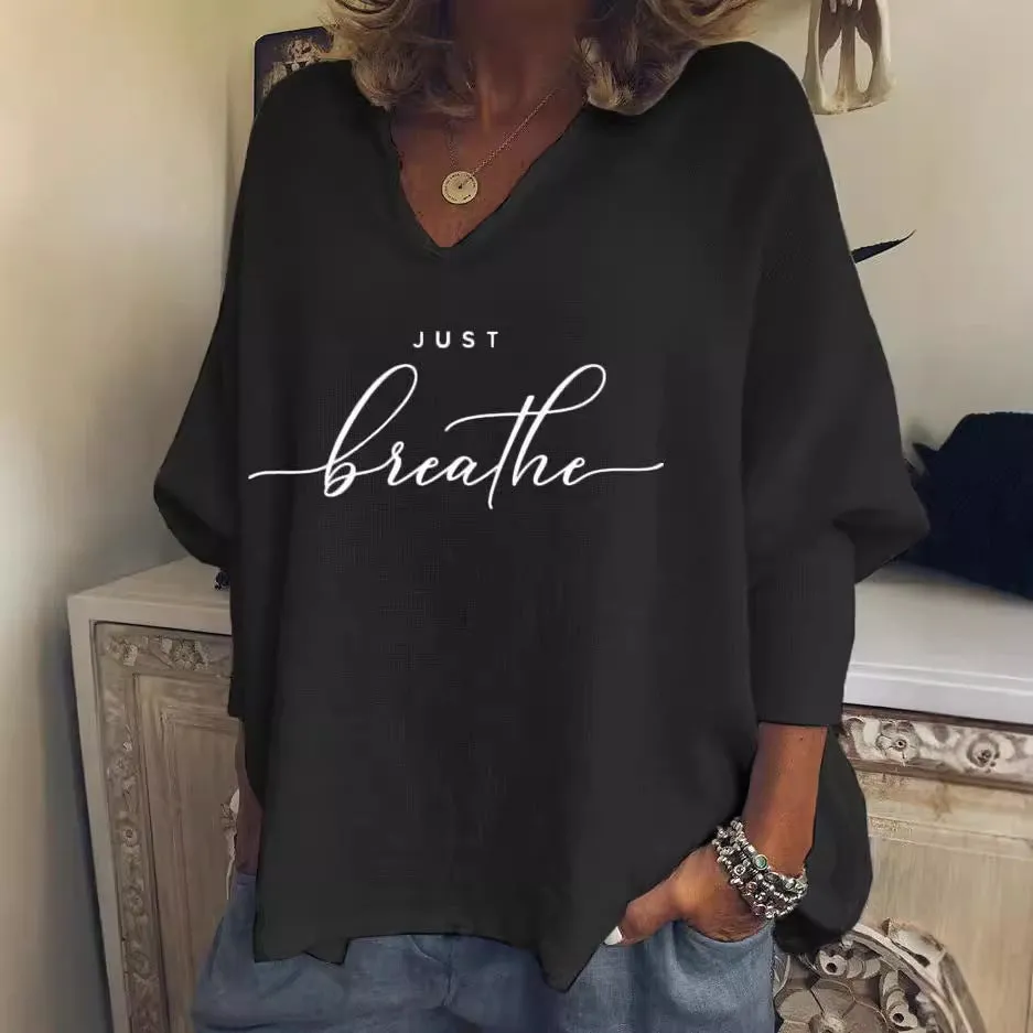 Women's V-neck long sleeve loose top in brushed milk silk fabric with digital printed pattern