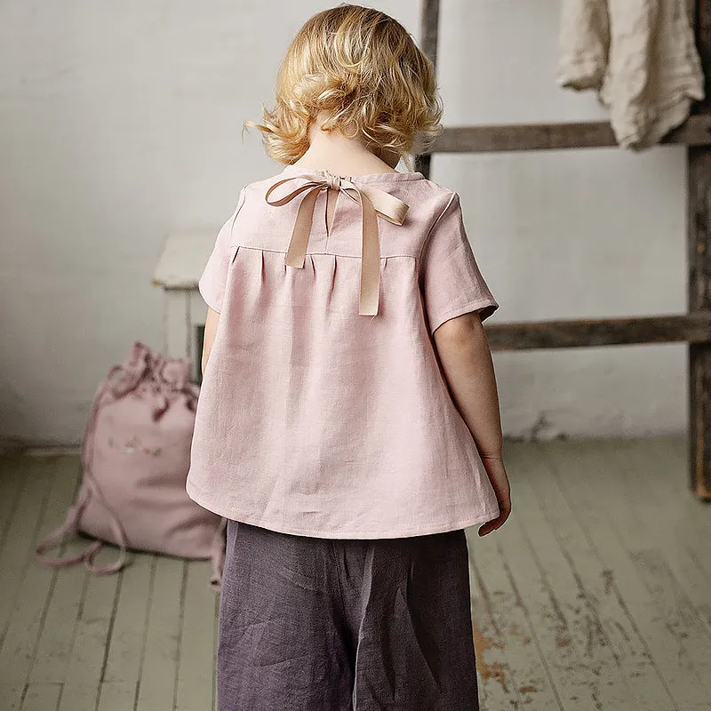 Mori style cotton and linen blend short-sleeved t-shirt for girls, solid colour, available in white apricot pink, sizes 90-130cm
