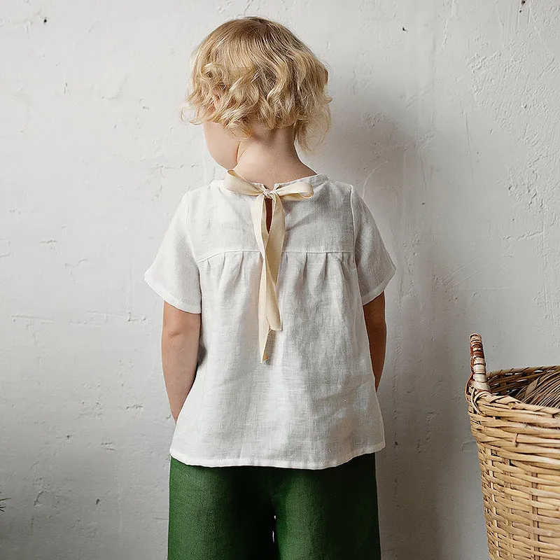 Mori style cotton and linen blend short-sleeved t-shirt for girls, solid colour, available in white apricot pink, sizes 90-130cm
