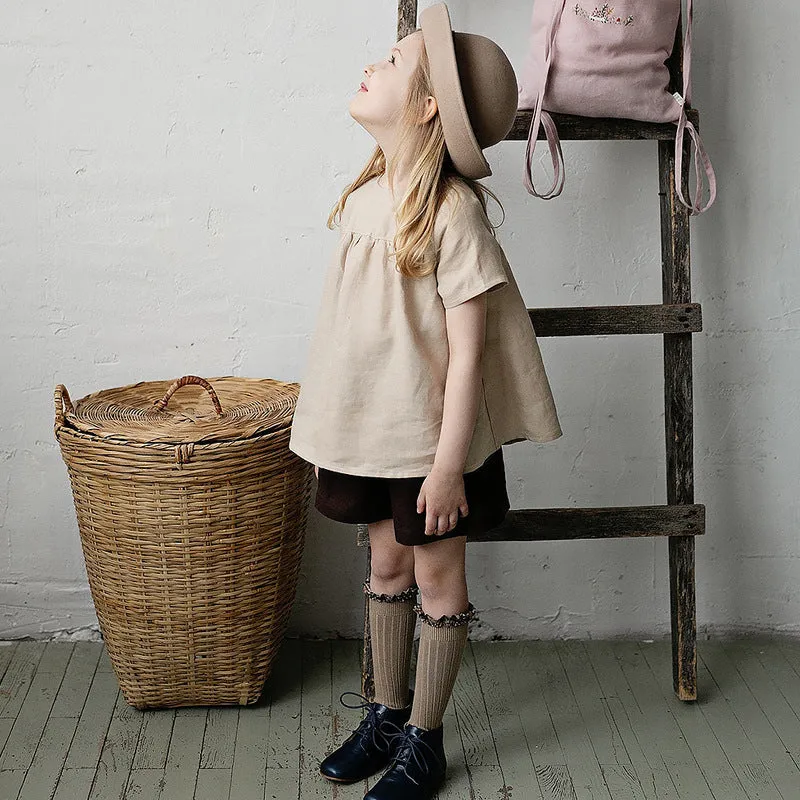 Mori style cotton and linen blend short-sleeved t-shirt for girls, solid colour, available in white apricot pink, sizes 90-130cm