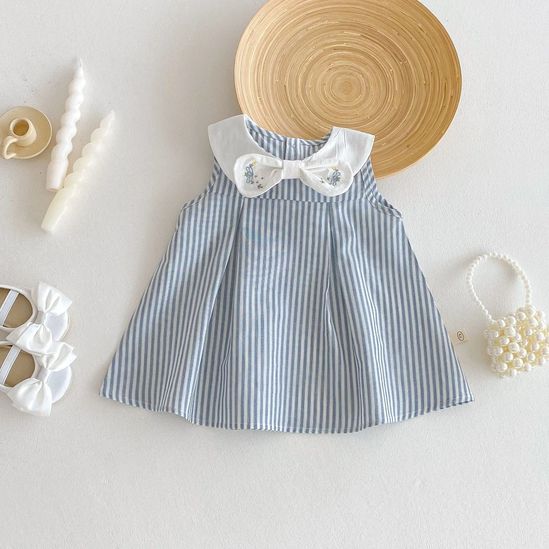 Soft fog blue cotton vest dress with bowknot embroidery for baby girls aged 73-120cm