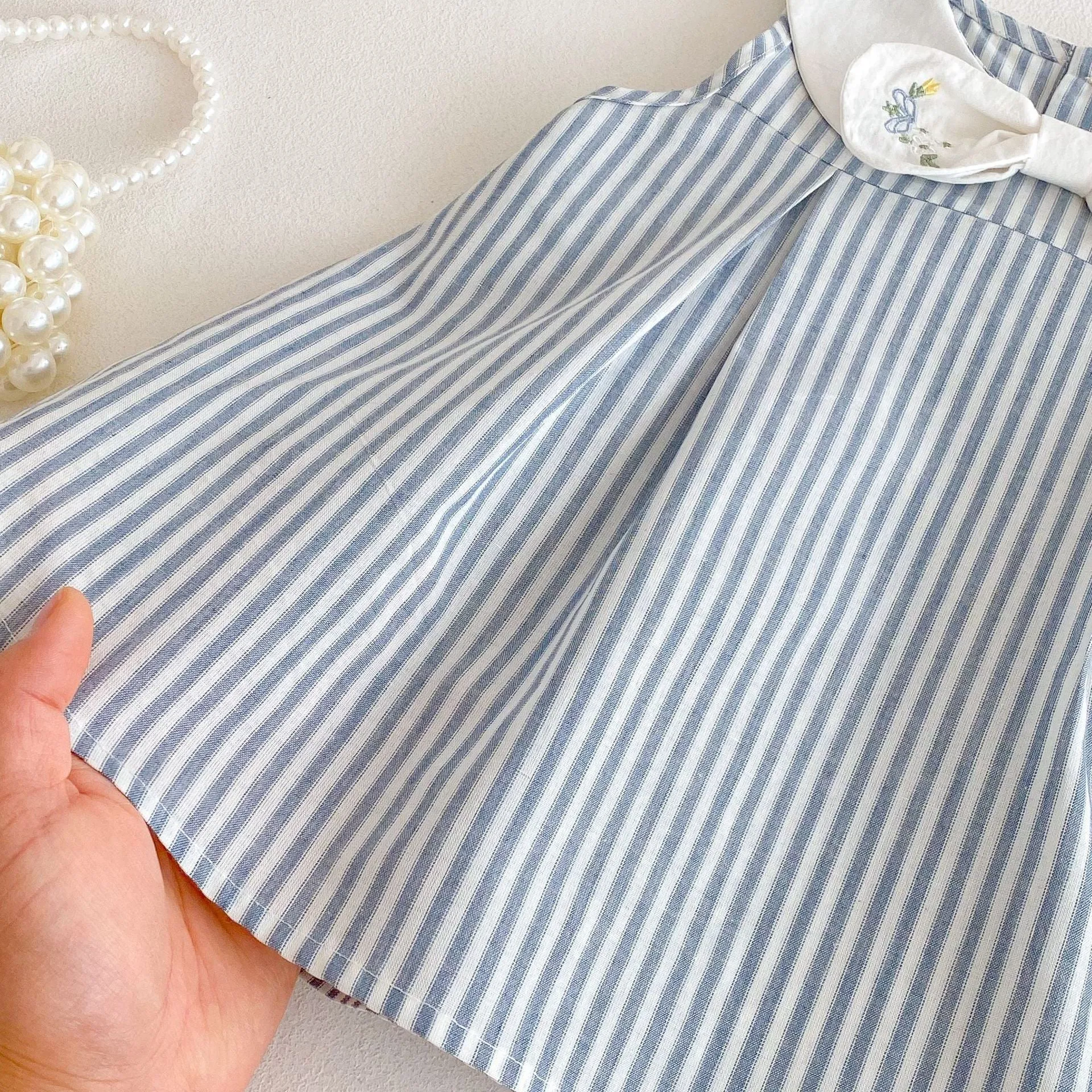 Soft fog blue cotton vest dress with bowknot embroidery for baby girls aged 73-120cm