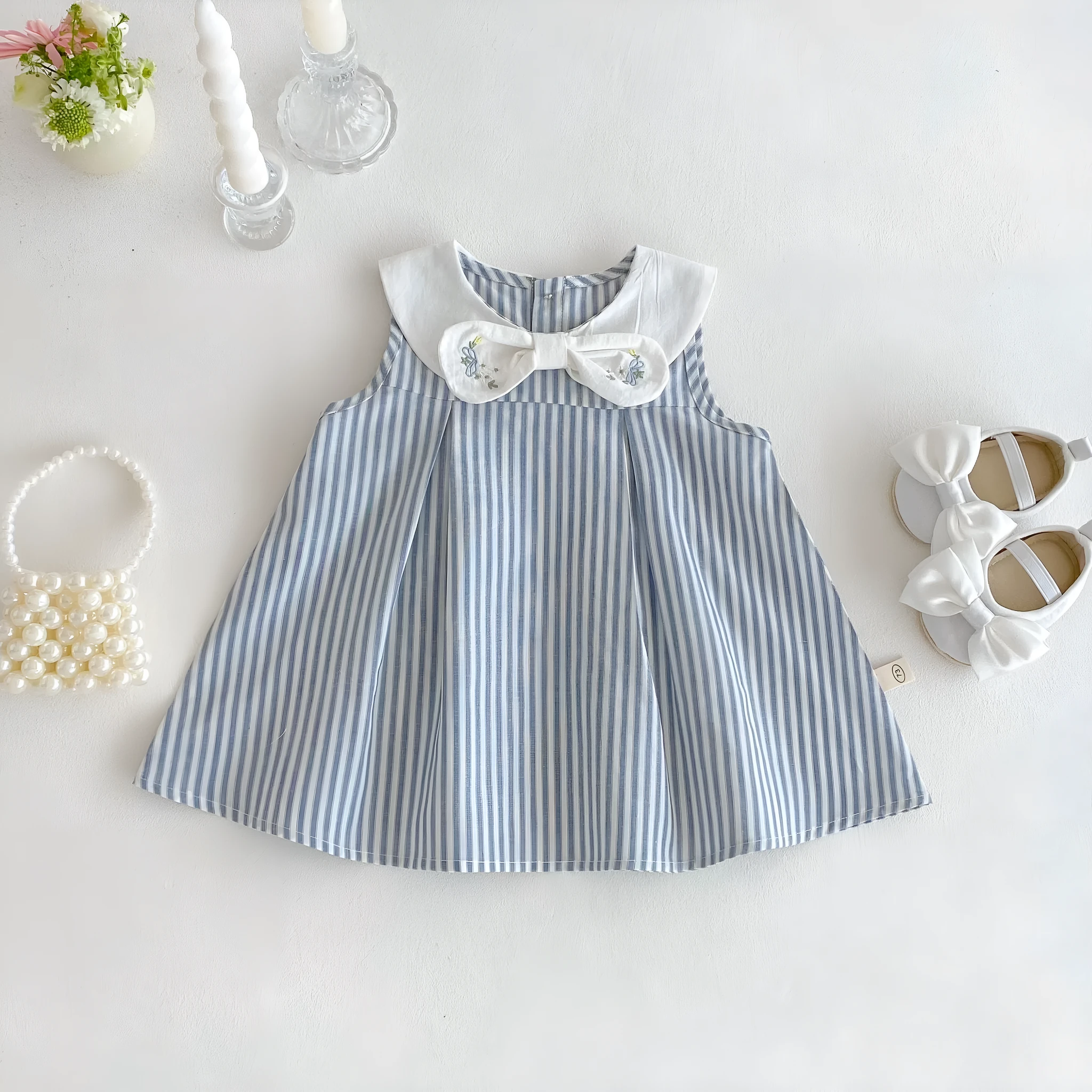 Soft fog blue cotton vest dress with bowknot embroidery for baby girls aged 73-120cm