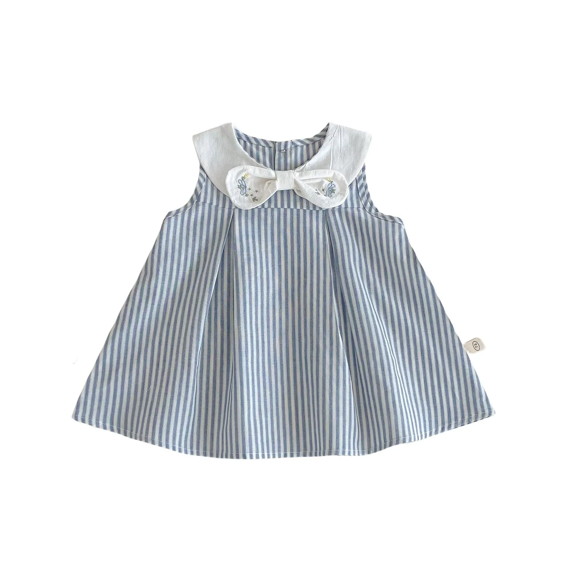 Soft fog blue cotton vest dress with bowknot embroidery for baby girls aged 73-120cm