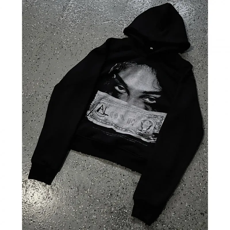 Black women's hooded sweater with cartoon pattern printing in loose fit
