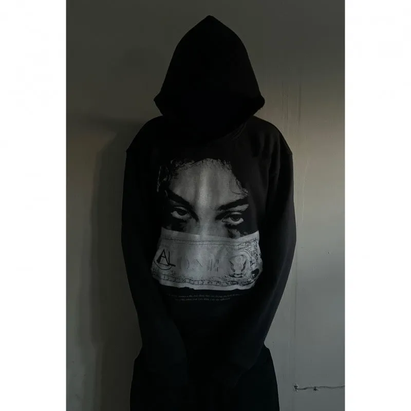 Black women's hooded sweater with cartoon pattern printing in loose fit