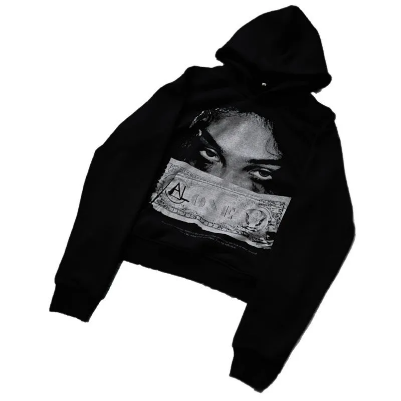 Black women's hooded sweater with cartoon pattern printing in loose fit