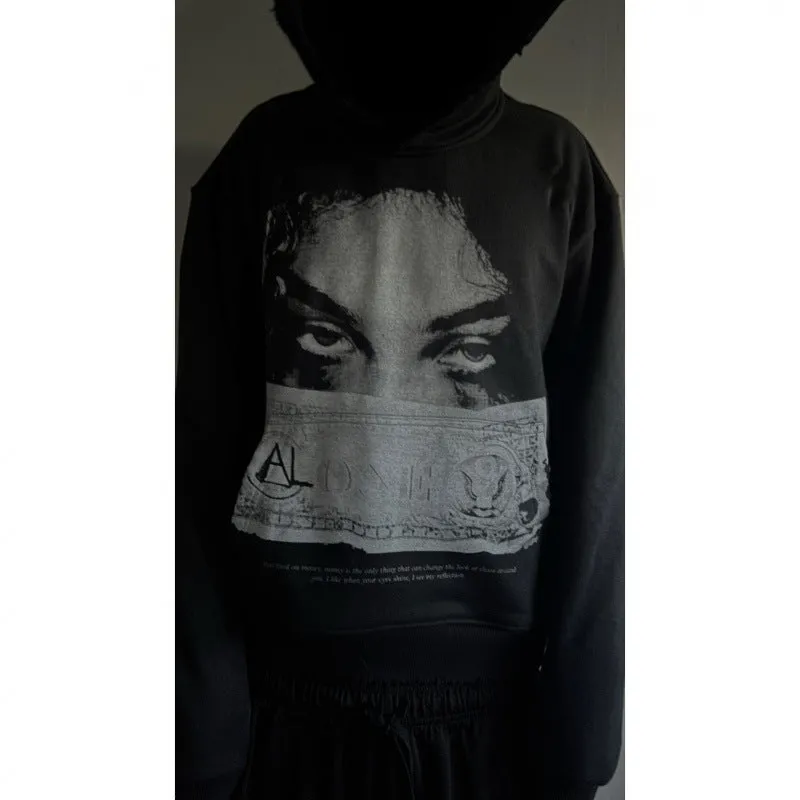 Black women's hooded sweater with cartoon pattern printing in loose fit