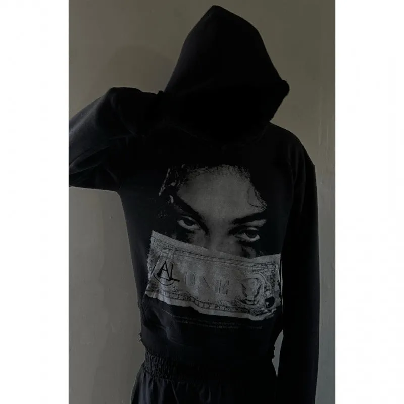 Black women's hooded sweater with cartoon pattern printing in loose fit