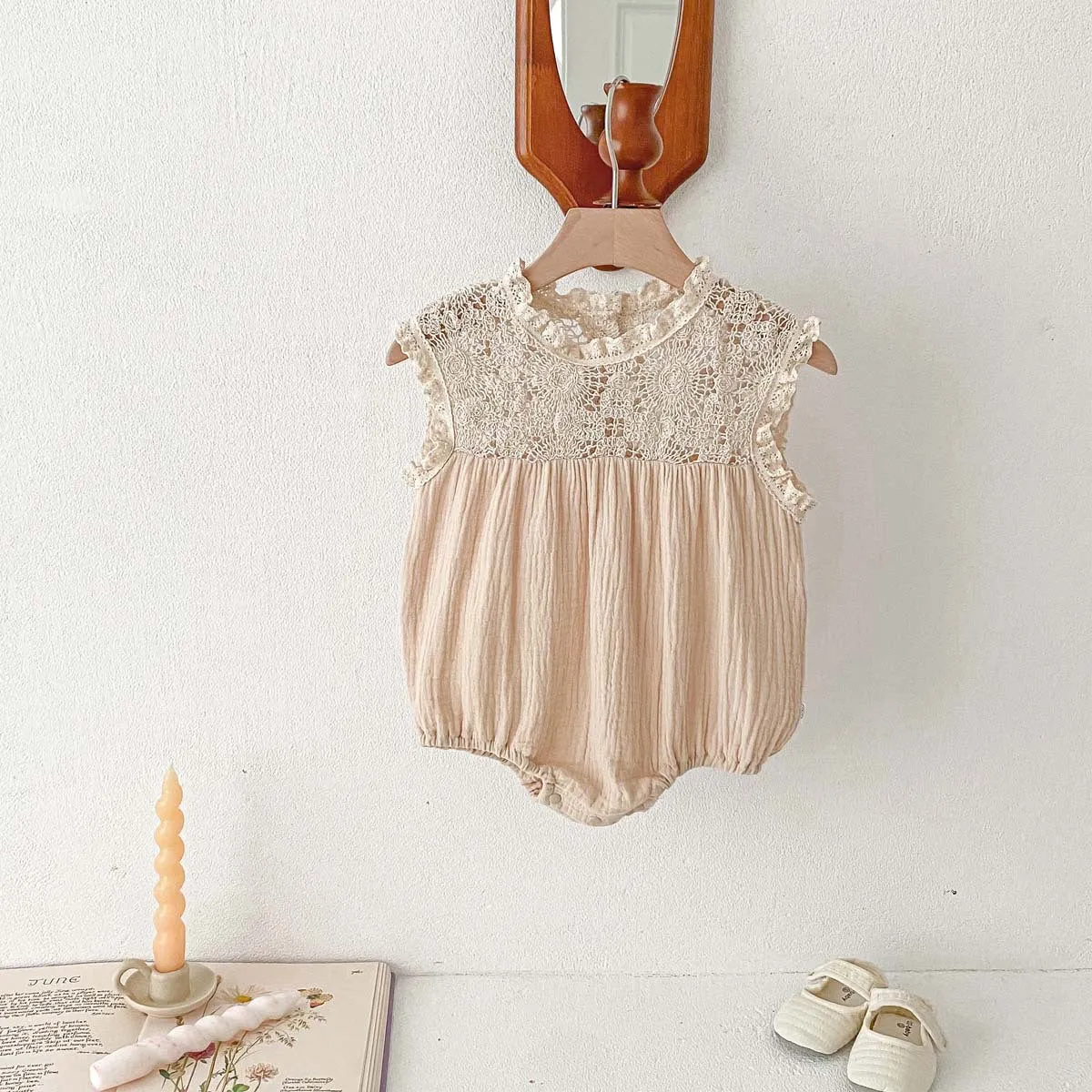 Baby girl cotton waffle lace romper in white with pullover style, suitable for 66-130cm height