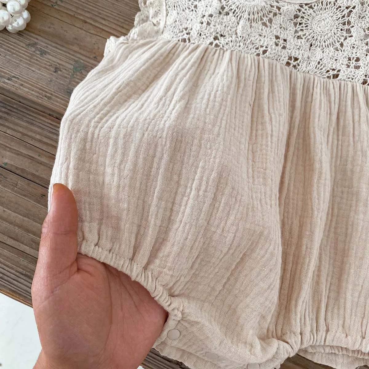 Baby girl cotton waffle lace romper in white with pullover style, suitable for 66-130cm height