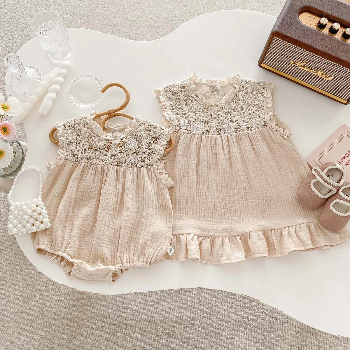 Baby girl cotton waffle lace romper in white with pullover style, suitable for 66-130cm height
