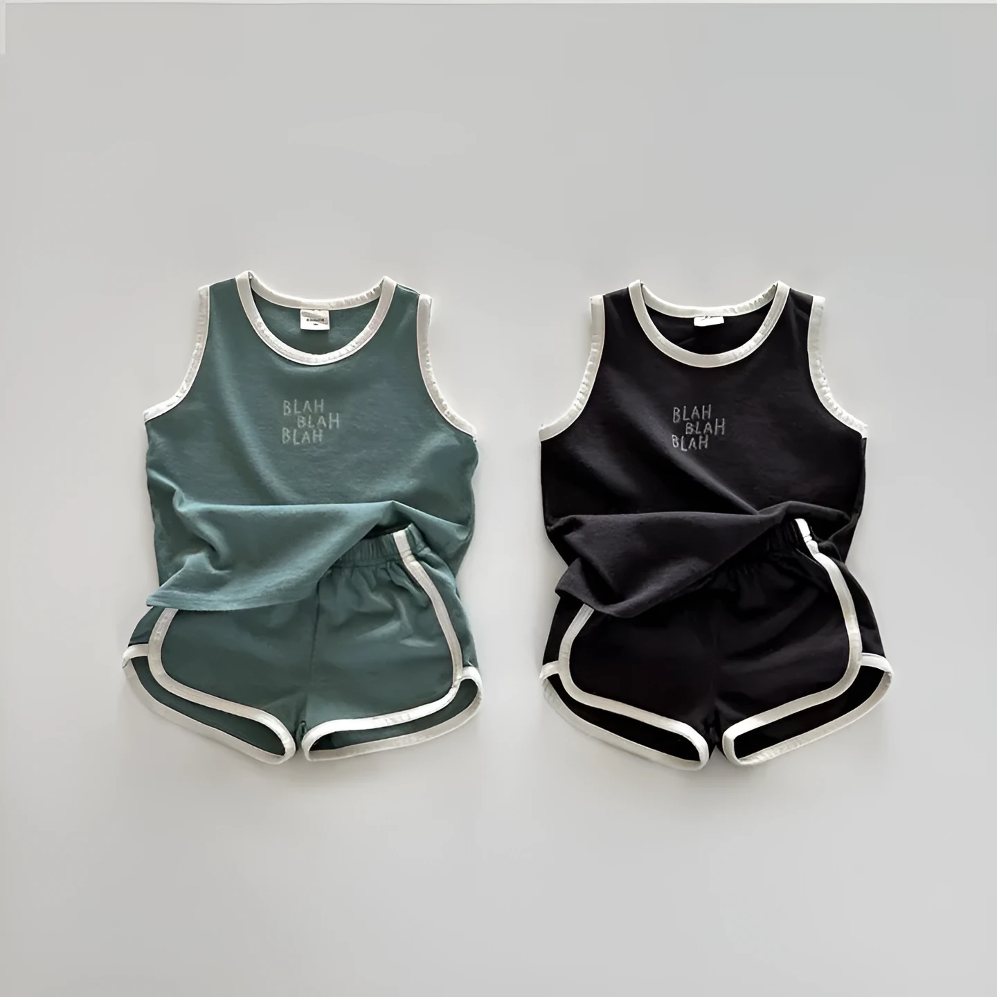 Cotton sports vest and shorts casual children suit in green, pullover style, for height 80-130cm